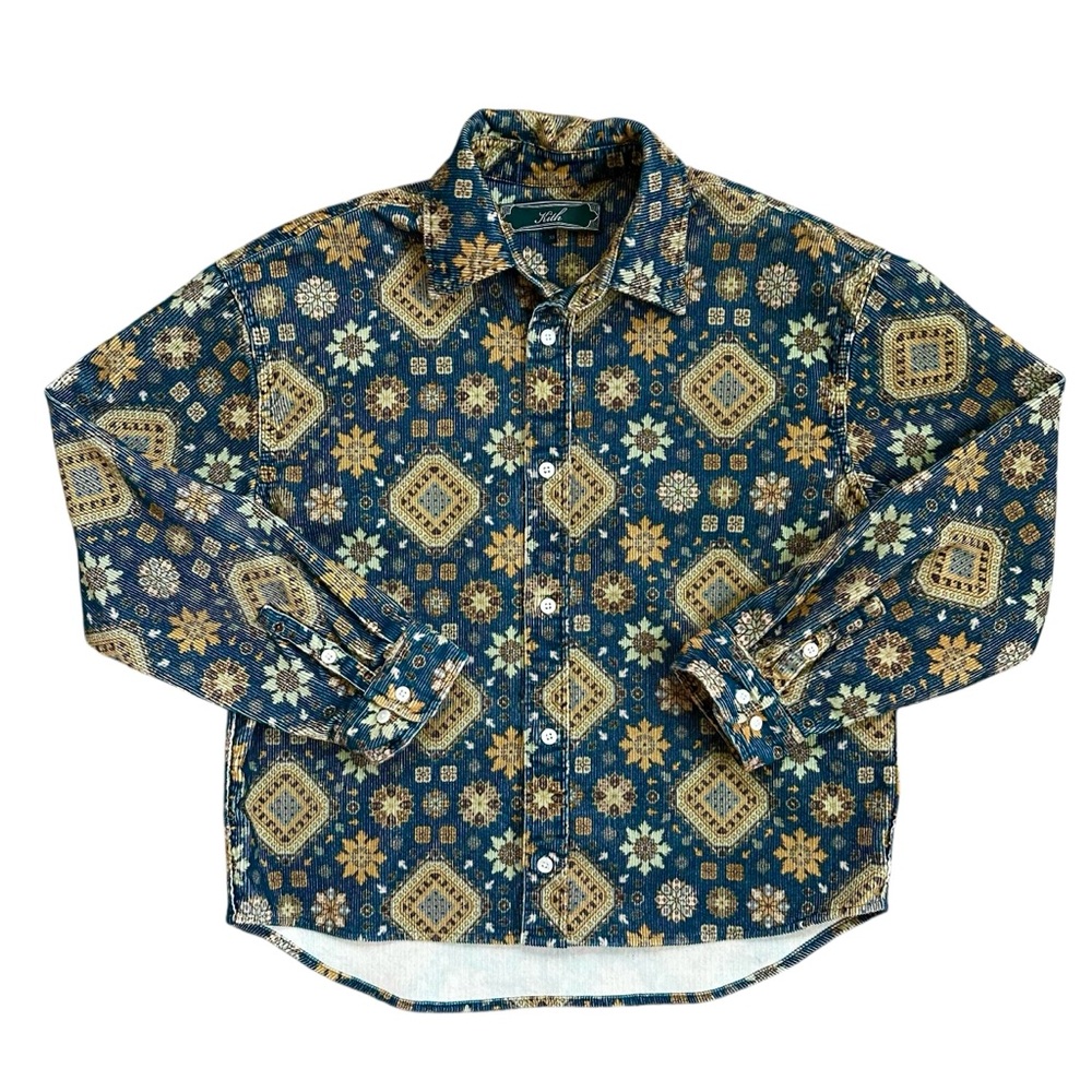 Kith Apollo Button Down Boho Cotton Corduroy Printed Shirt in Green Size Mens XS